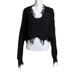 Malibu Sky 100% Cotton Black Distressed Crop Top Sweater Size Small